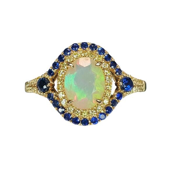 14k Gold Opal, Diamond & Sapphire Halo Ring, Size 10.5 Signed - Picture 3 of 6